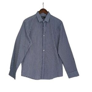Bar III Slim Fit Gingham Stretch Dress Shirt Blue White Men's Size L